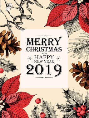 Holly ve çam kozalakları ile vektör Noel kartı