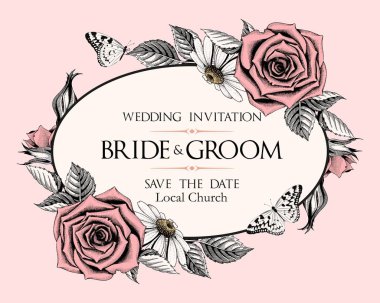 Vektör düğün davetiyesi ile el çizilmiş güller