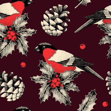 Vektör finches ve holly ile seamless modeli