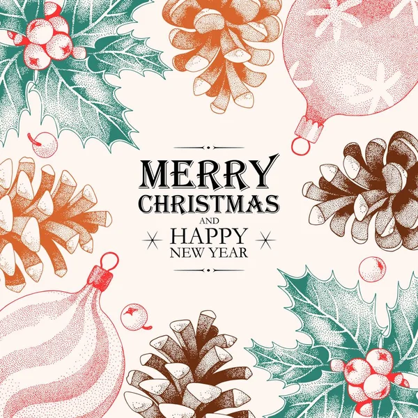 Vektor-Weihnachtskarte mit Stechpalme und Tannenzapfen — Stockvektor