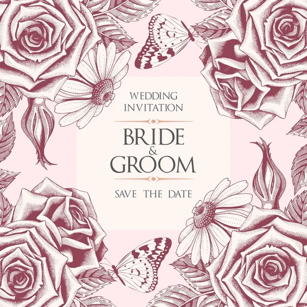 Vektör düğün davetiyesi ile el çizilmiş güller