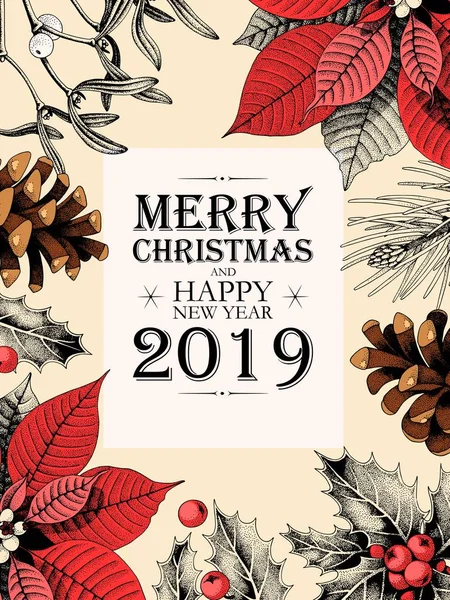 Holly ve çam kozalakları ile vektör Noel kartı