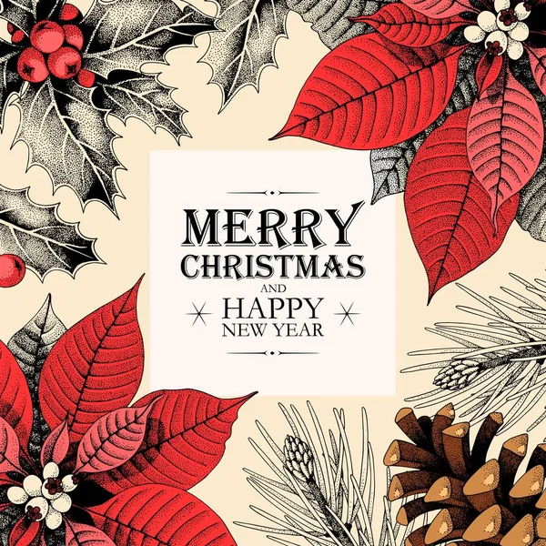 Vektor-Weihnachtskarte mit Stechpalme und Tannenzapfen — Stockvektor
