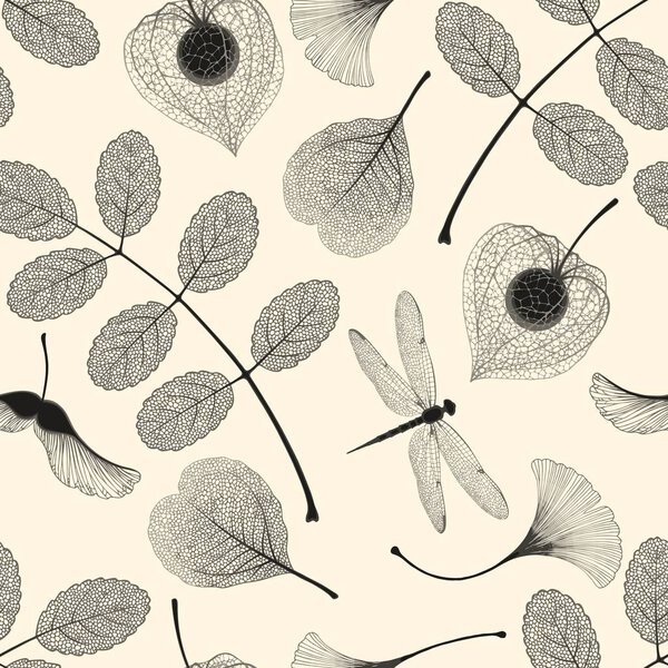 High detail skeleton leaf vector seamless pattern