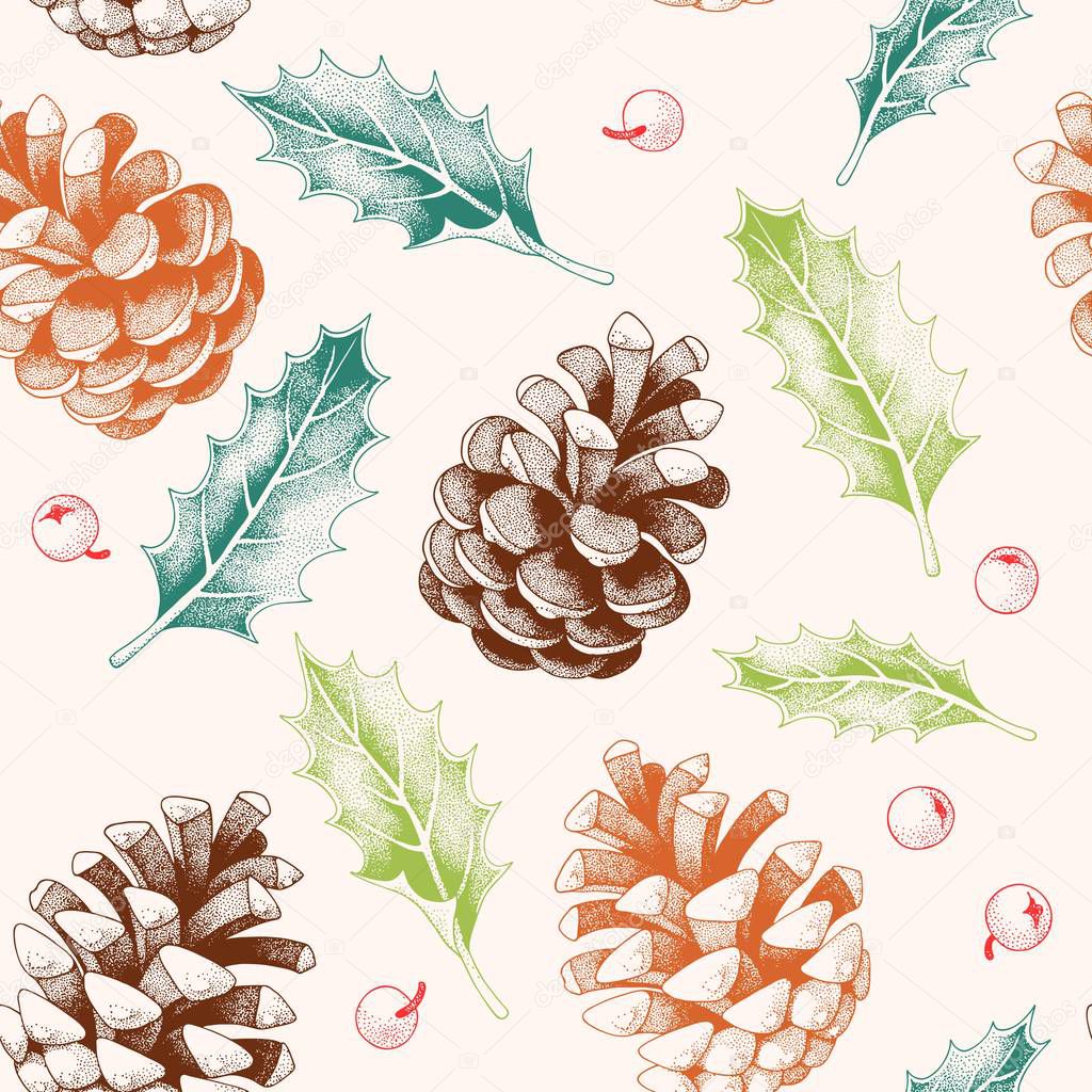 Seamless pattern with pine cones and holly