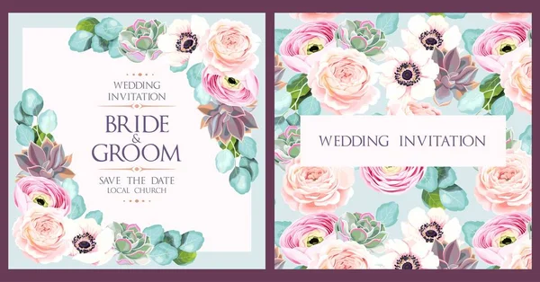 Düğün kartı çiçekler ve succulents — Stok Vektör