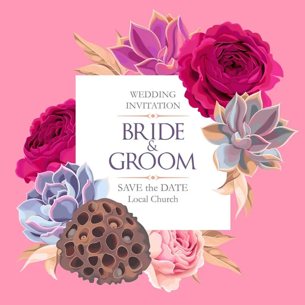 Cartão de casamento vintage com flores e suculentas —  Vetores de Stock