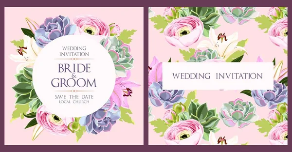 Tarjeta de boda vintage con flores y suculentas — Vector de stock