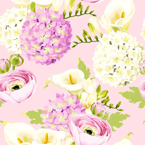 Patrón sin costuras con hortensias y flores blancas — Vector de stock