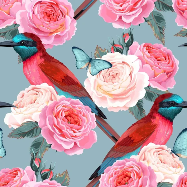 Patrón sin costura vectorial con pájaros y rosas — Vector de stock