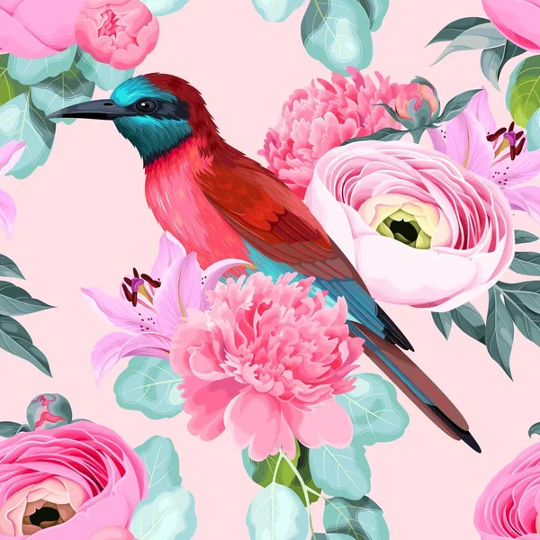 Padrão sem costura vetorial com pássaros e rosas —  Vetores de Stock