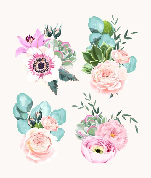 Vintage pastel çiçek ve yaprakları Vektör seti — Stok Vektör