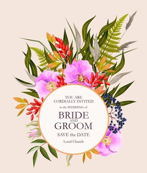 Cartão de casamento vintage com flores e vegetação —  Vetores de Stock