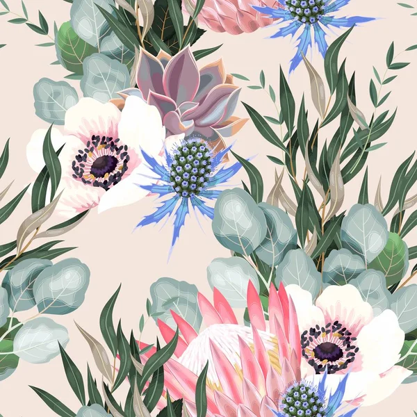Vector seamless pattern with protea and greenery — Stock Vector
