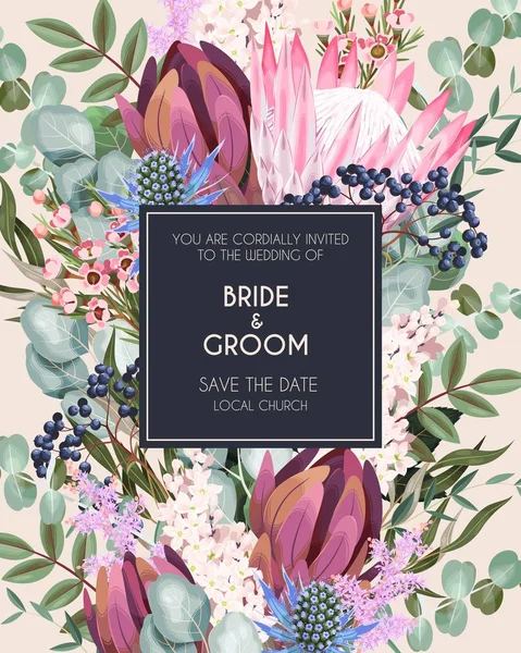 Tarjeta de boda vintage con flores y vegetación — Vector de stock