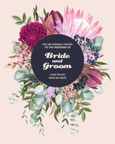 Vintage γαμήλια κάρτα με λουλούδια και πράσινο — Διανυσματικό Αρχείο