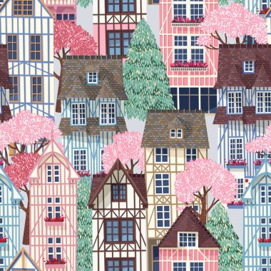 Ağaçlar vektör dikişsiz desen ile Eski şehir