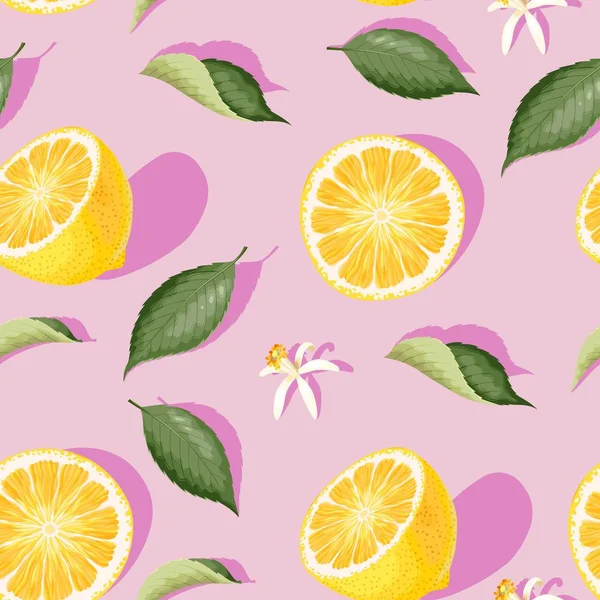 Бесшовный рисунок с лимонными ломтиками и листьями — стоковый вектор