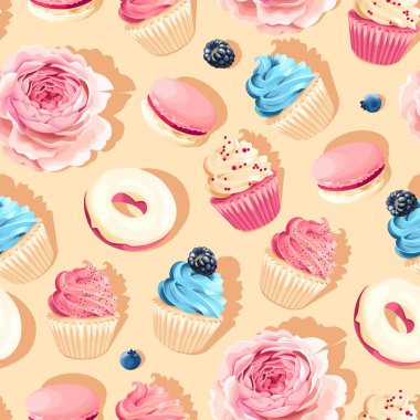 Dikişsiz pastel vektör yüksek detay cupcake desen