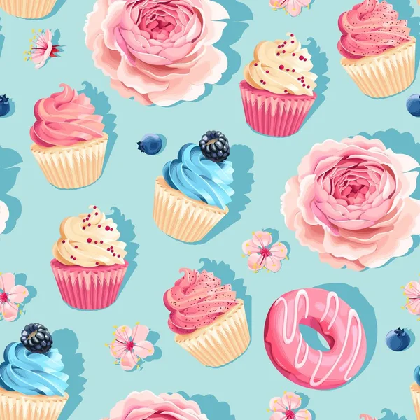 Sömlös pastell vektor hög detalj cupcake mönster — Stock vektor