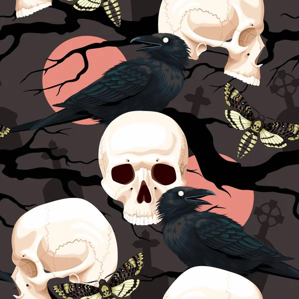 Seamless pattern with raven and human skull — Stock Vector