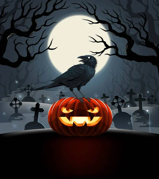 Vector card with evil pumpkin with raven on it — Stock Vector