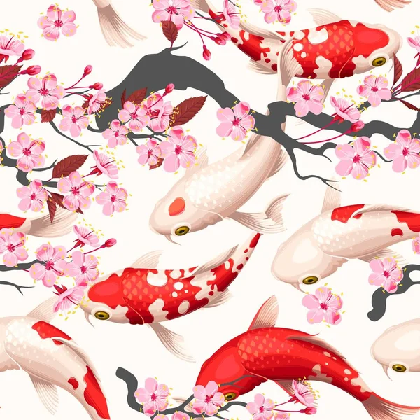 Padrão vetorial sem costura com peixes koi e sakura —  Vetores de Stock