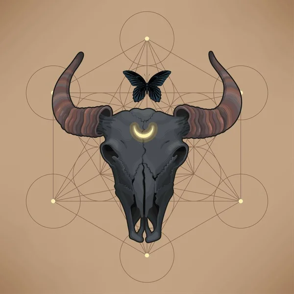 Tarjeta vectorial con cráneo de toro y geometría sagrada — Vector de stock