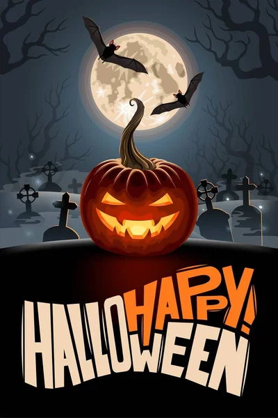 Happy Halloween Poster with moon and pumpkin — Stock Vector
