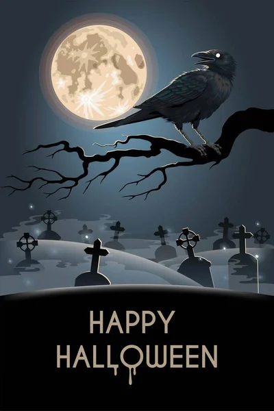 Halloween card with raven on the graveyard — Stock Vector