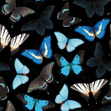 Mavi ve siyah kelebekli kusursuz desen