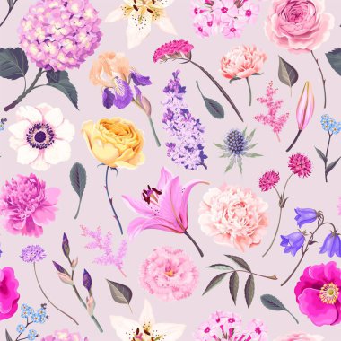 Sarı ve pembe bahçe çiçekleriyle vektör deseni