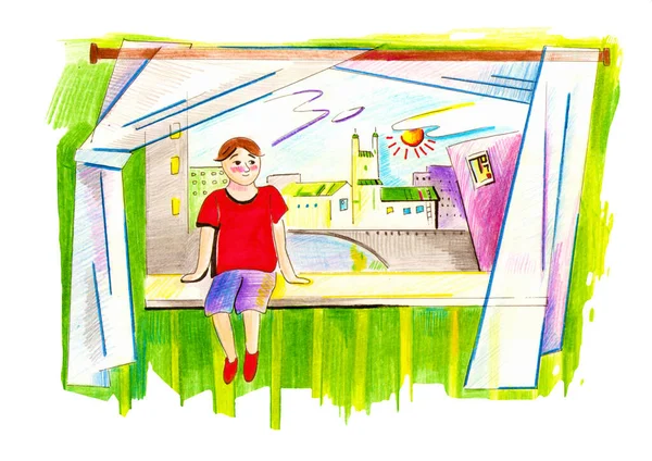 Boy Sits Pallet House Window You Can See Bright Colorful — Stock Photo, Image