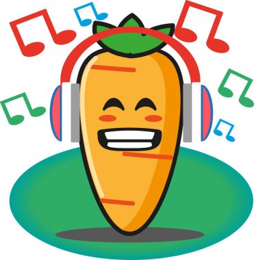 Sevimli havuç sebze çizgi filmi kulaklıkla müzik dinliyor. Arka plan maskotu karakter tasarımı yok.