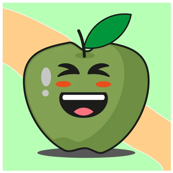 Lindo Verde Manzana Fruta Caricatura Cara Mascota Carácter Vector Diseño — Archivo Imágenes Vectoriales