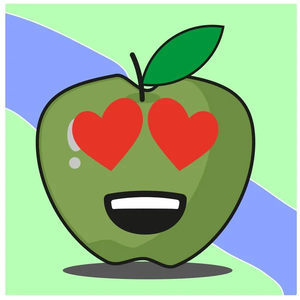 かわいい緑のリンゴの果物の漫画の顔のマスコットキャラクターのベクトルデザイン — ストックベクタ