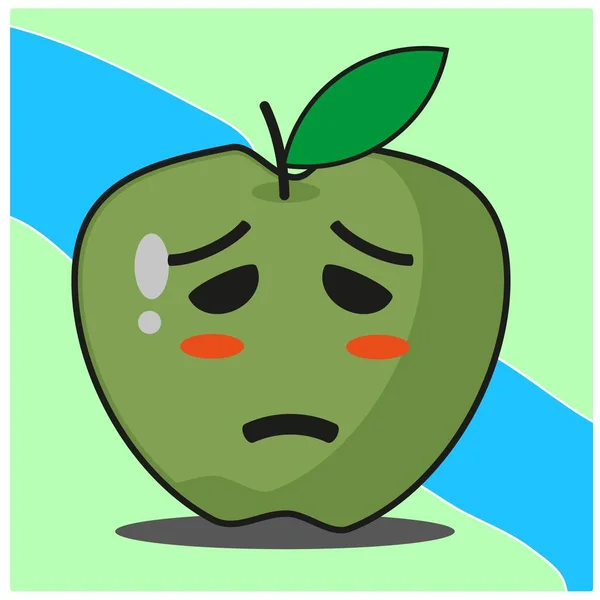 Mignon Vert Pomme Fruit Dessin Animé Visage Mascotte Personnage Vectoriel — Image vectorielle