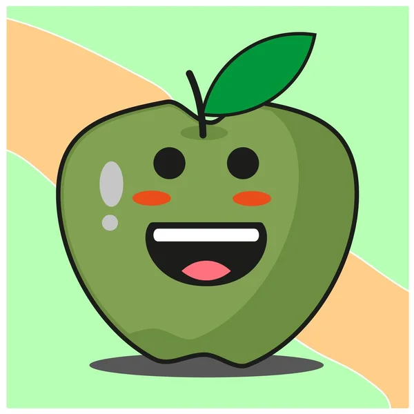 Cute Green Apple Fruit Cartoon Face Mascot Character Vector Design — 스톡 벡터