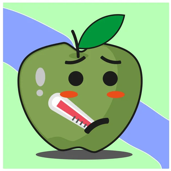 Lindo Verde Manzana Fruta Caricatura Cara Mascota Carácter Vector Diseño — Archivo Imágenes Vectoriales