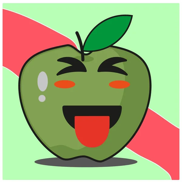 Lindo Verde Manzana Fruta Caricatura Cara Mascota Carácter Vector Diseño — Archivo Imágenes Vectoriales