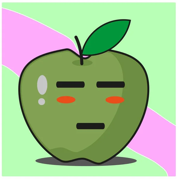 Lindo Verde Manzana Fruta Caricatura Cara Mascota Carácter Vector Diseño — Archivo Imágenes Vectoriales