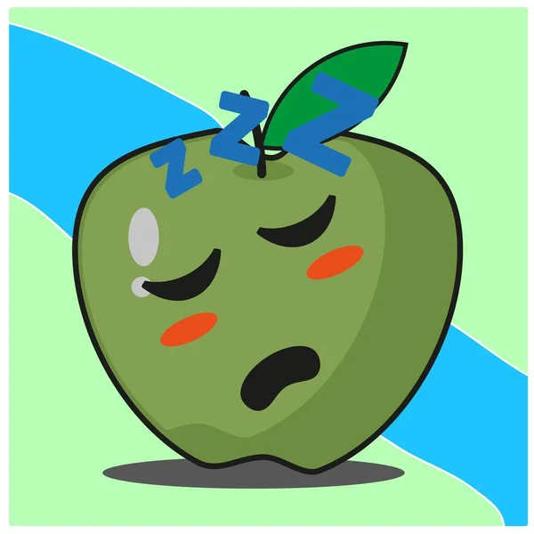 Lindo Verde Manzana Fruta Caricatura Cara Mascota Carácter Vector Diseño — Archivo Imágenes Vectoriales