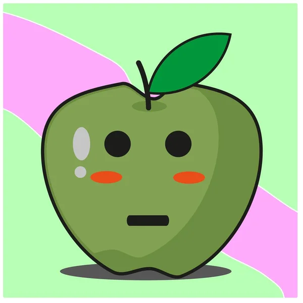 Niedliche Grüne Apfelfrucht Cartoon Gesicht Maskottchen Charakter Vektor Design — Stockvektor