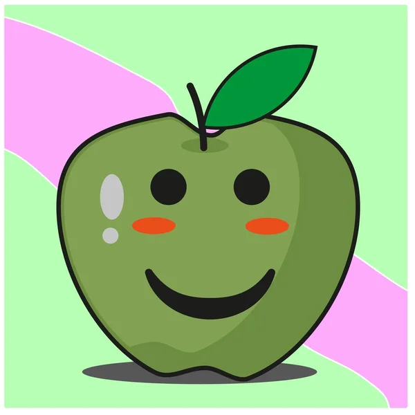 Cute Green Apple Fruit Cartoon Face Mascot Character Vector Design — 스톡 벡터