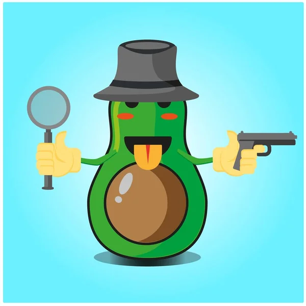 Cute Half Avocado Detective Cartoon Character Design — Stock Vector