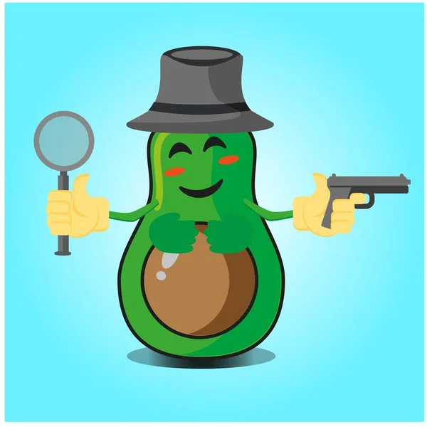 Nette Hälfte Avocado Detektiv Zeichentrickfigur Design — Stockvektor