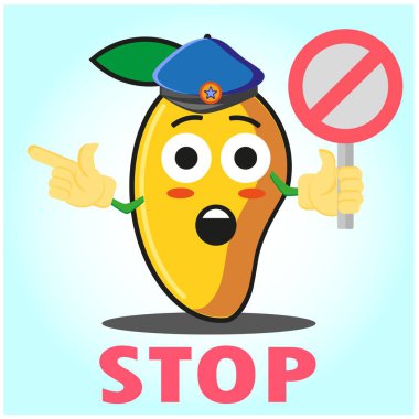 Tatlı Mango polis çizgi film karakteri, polis şapkası, elleri işaret ediyor ve dur işareti tasarlıyor.