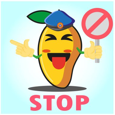 Tatlı Mango polis çizgi film karakteri, polis şapkası, elleri işaret ediyor ve dur işareti tasarlıyor.