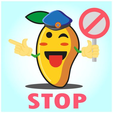 Tatlı Mango polis çizgi film karakteri, polis şapkası, elleri işaret ediyor ve dur işareti tasarlıyor.