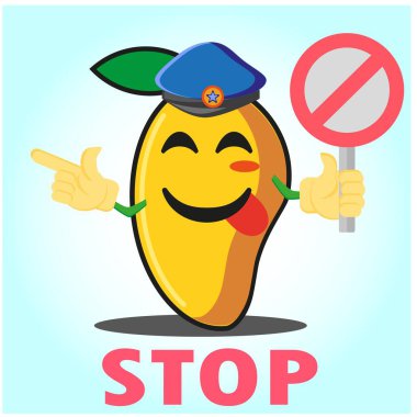 Tatlı Mango polis çizgi film karakteri, polis şapkası, elleri işaret ediyor ve dur işareti tasarlıyor.